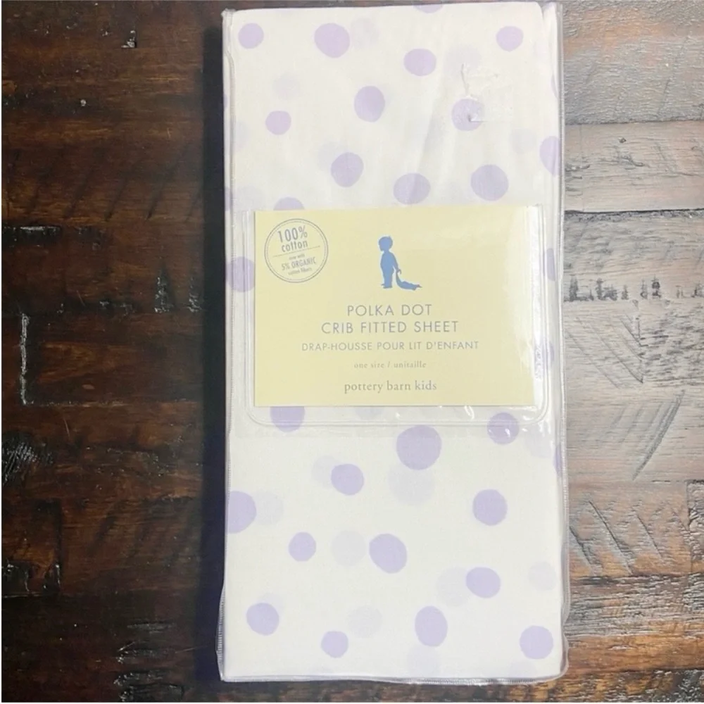 Pottery Barn Kids White Lavender Polka Dot Crib Fitted Sheet Organic Cotton NEW